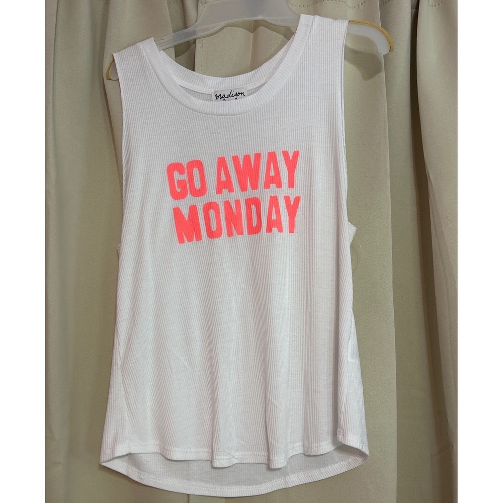 Madison & Berkeley Go Away Monday Ribbed‎ Tank Top White Neon Pink Large